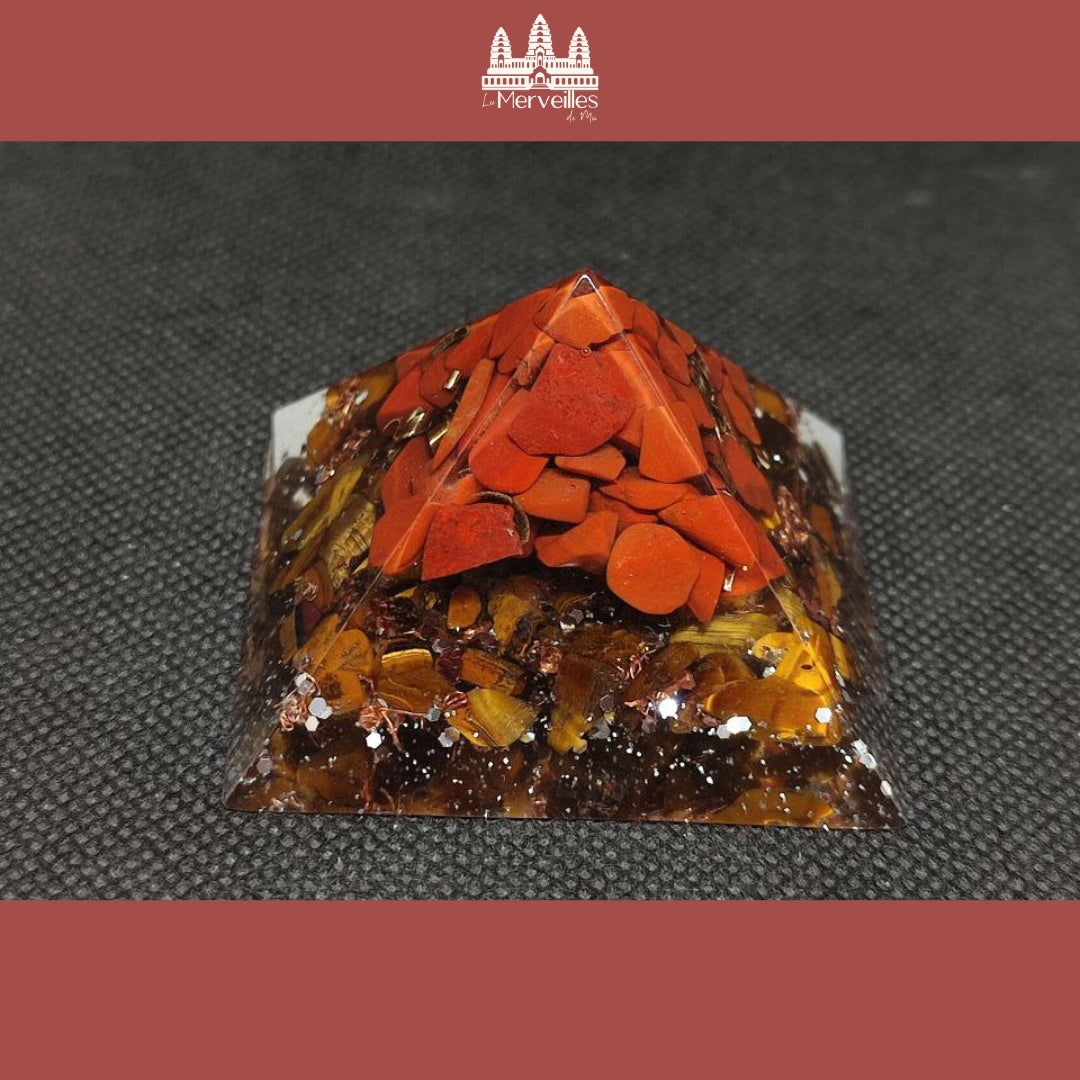 Mini Orgonite pyramidale Nombre d'or Jaspe Rouge & Oeil de tigre