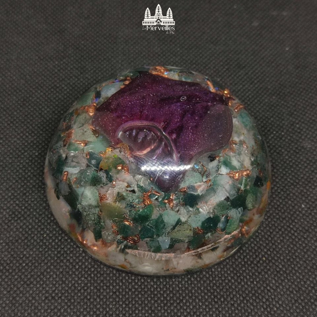 Orgonite dôme – Pétale de rose, Agate Arbre d’Inde & Quartz Rose