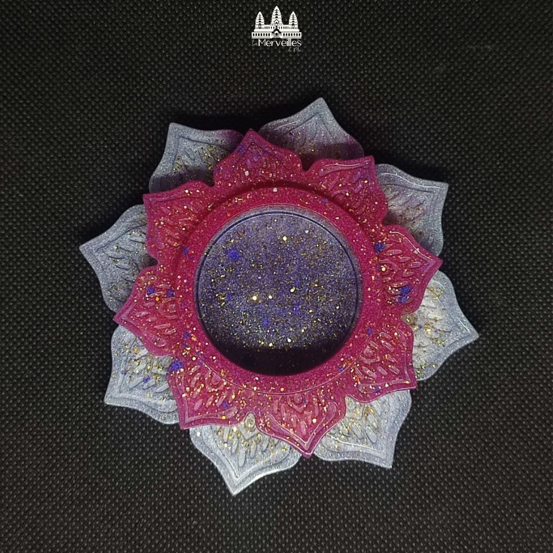 Bougeoir résine violet/ rose paillettes