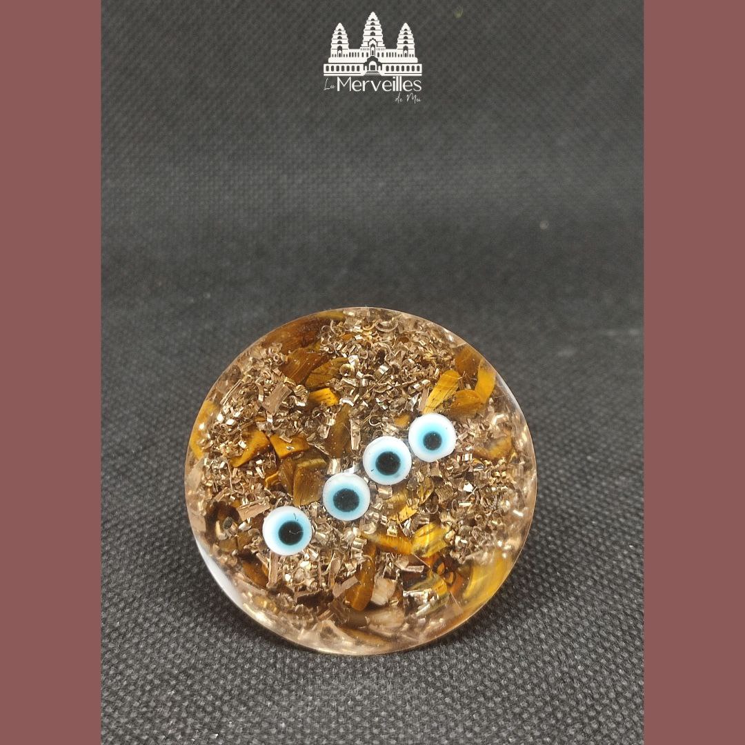 Orgonite conique – Œil de Tigre, Pyrite & Œil de Nazar