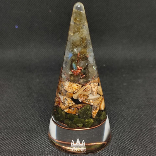Orgonite Conique - Labradorite & Jaspe Paysage & Epidote
