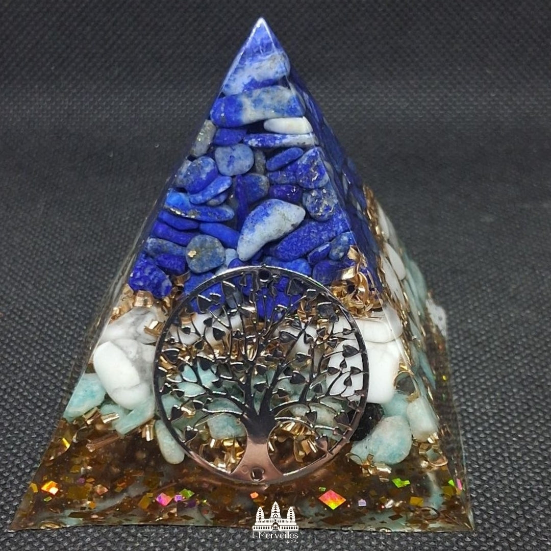 NOUVEAUTE ! Orgonite pyramidale Arbre de Vie, Lapis Lazuli, Citrine & Amazonite