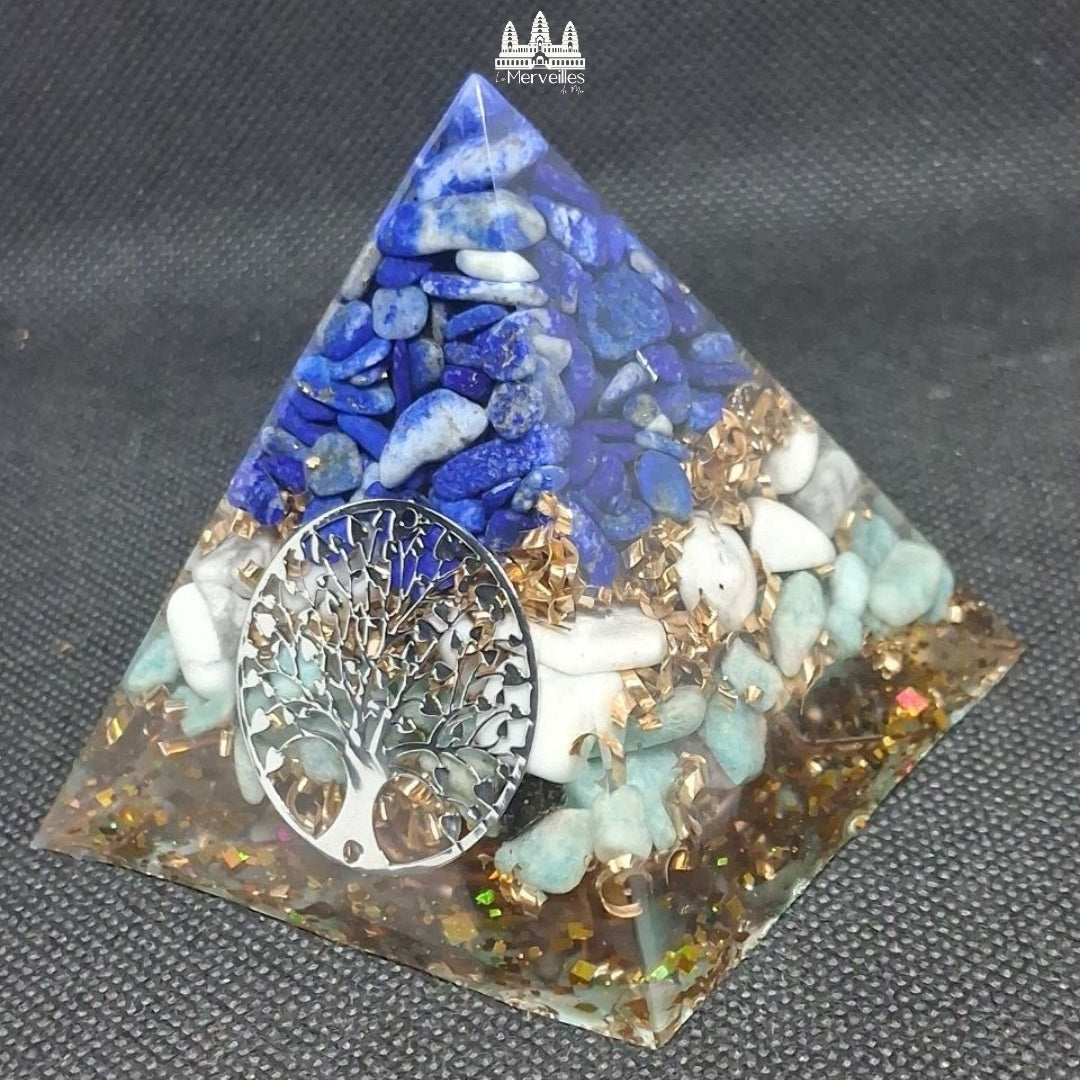 NOUVEAUTE ! Orgonite pyramidale Arbre de Vie, Lapis Lazuli, Citrine & Amazonite