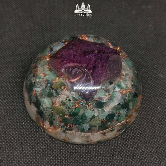 Orgonite dôme – Pétale de rose, Agate Arbre d’Inde & Quartz Rose