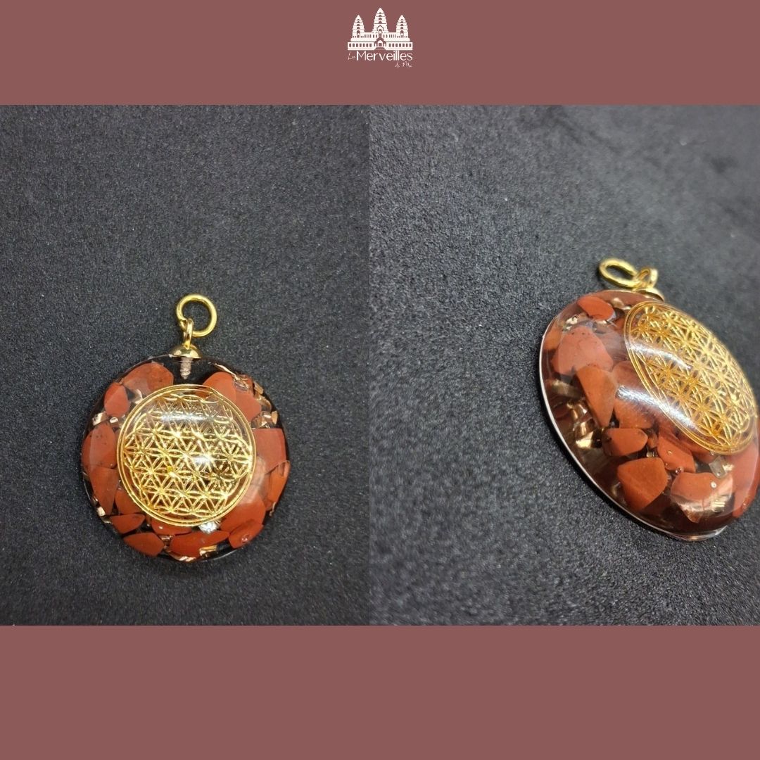 Collier pendentif orgonite Jaspe rouge & Fleur de vie