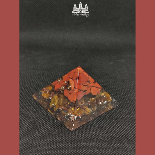 Mini Orgonite  pyramidale Nombre d'or Jaspe Rouge & Oeil de tigre