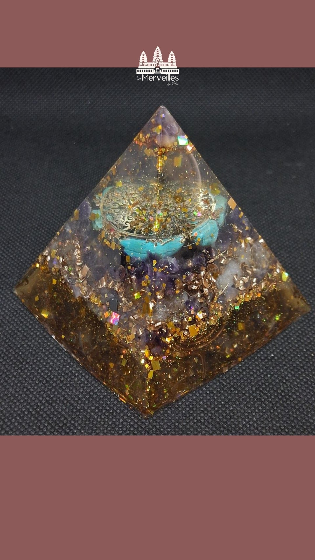 Orgonite pyramidale Améthyste, Turquoise et Quartz Rose Arbre de vie