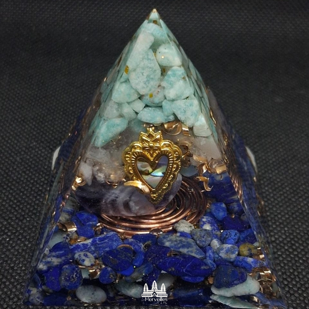 NOUVEAUTE ! Pyramide  Coeur sacré , Amazonite, Quartz Rose, Améthyste & Lapis Lazuli