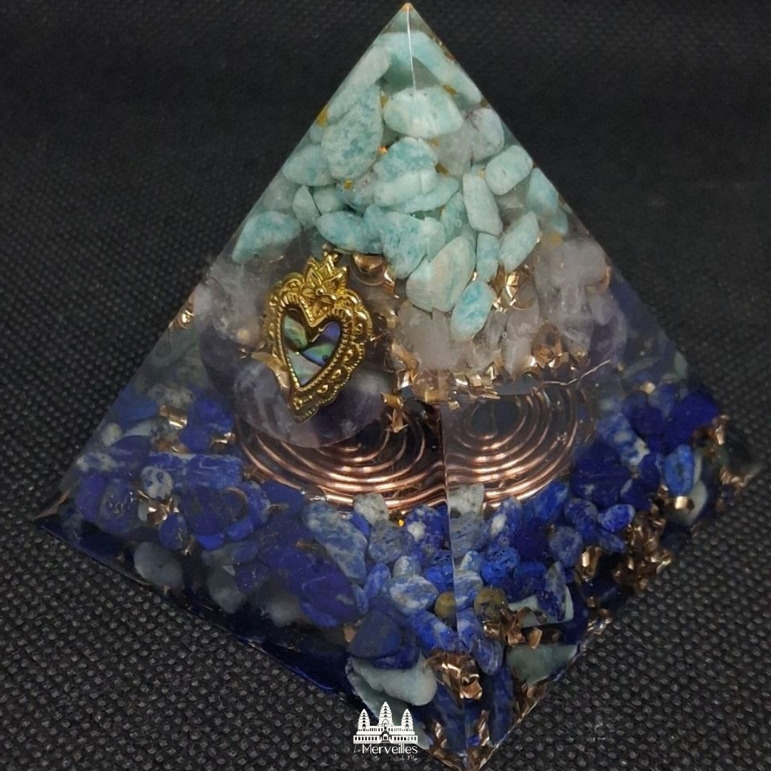 NOUVEAUTE ! Pyramide  Coeur sacré , Amazonite, Quartz Rose, Améthyste & Lapis Lazuli