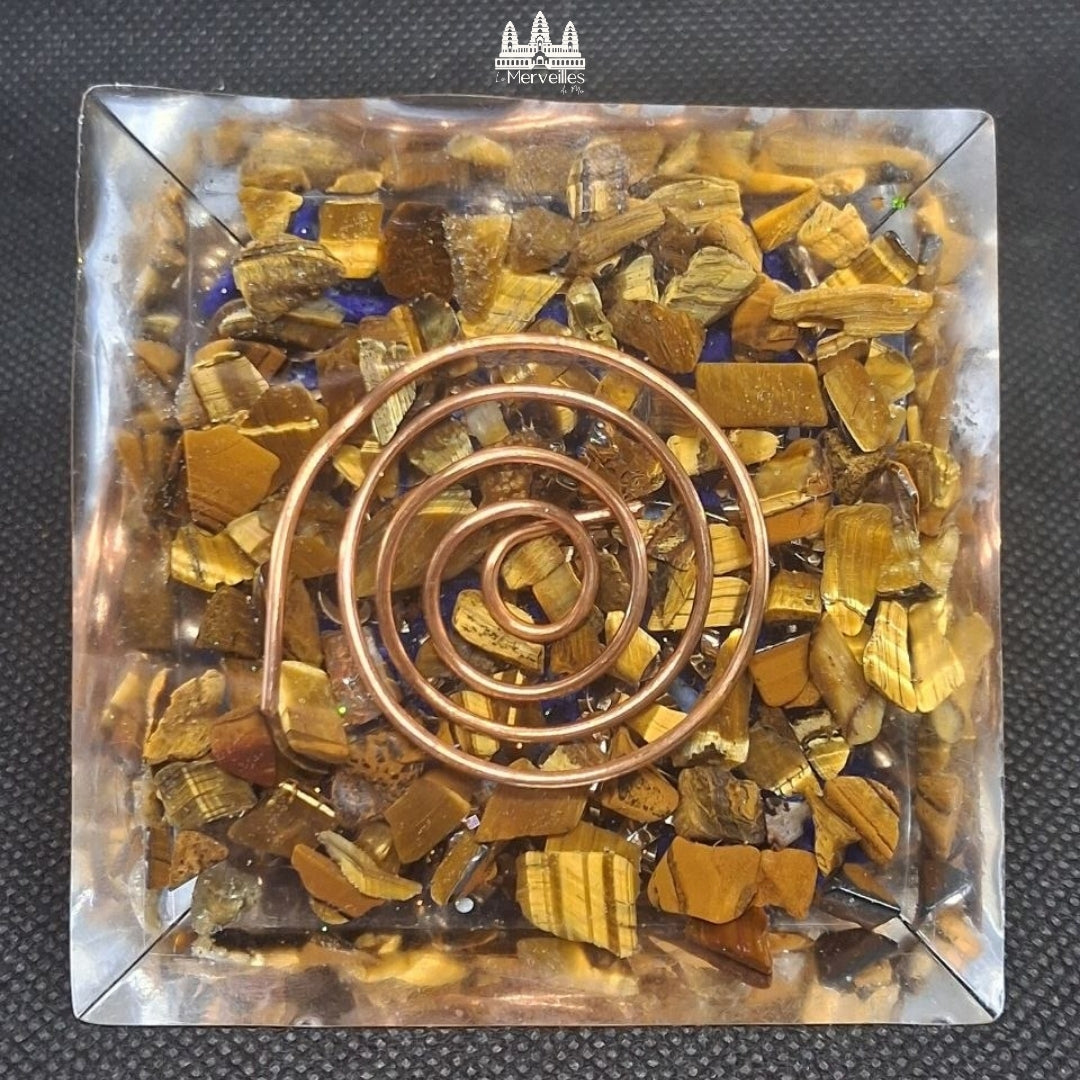 NOUVEAUTE ! Orgonite pyramidale Symbole Carré, Lapis Lazuli & Oeil de Tigre