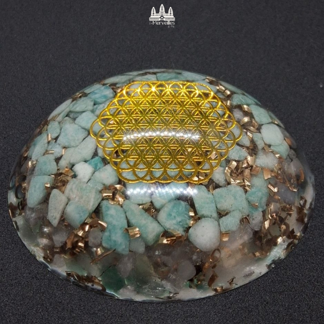 NOUVEAUTE Dôme Orgonite Symbole Fleur de Vie , Amazonite et Quartz Rose