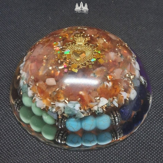 NOUVEAUTE ! Dôme Orgonite Coeur Sacré, Cornaline & Agate Arbre d'Inde 7 Chakras