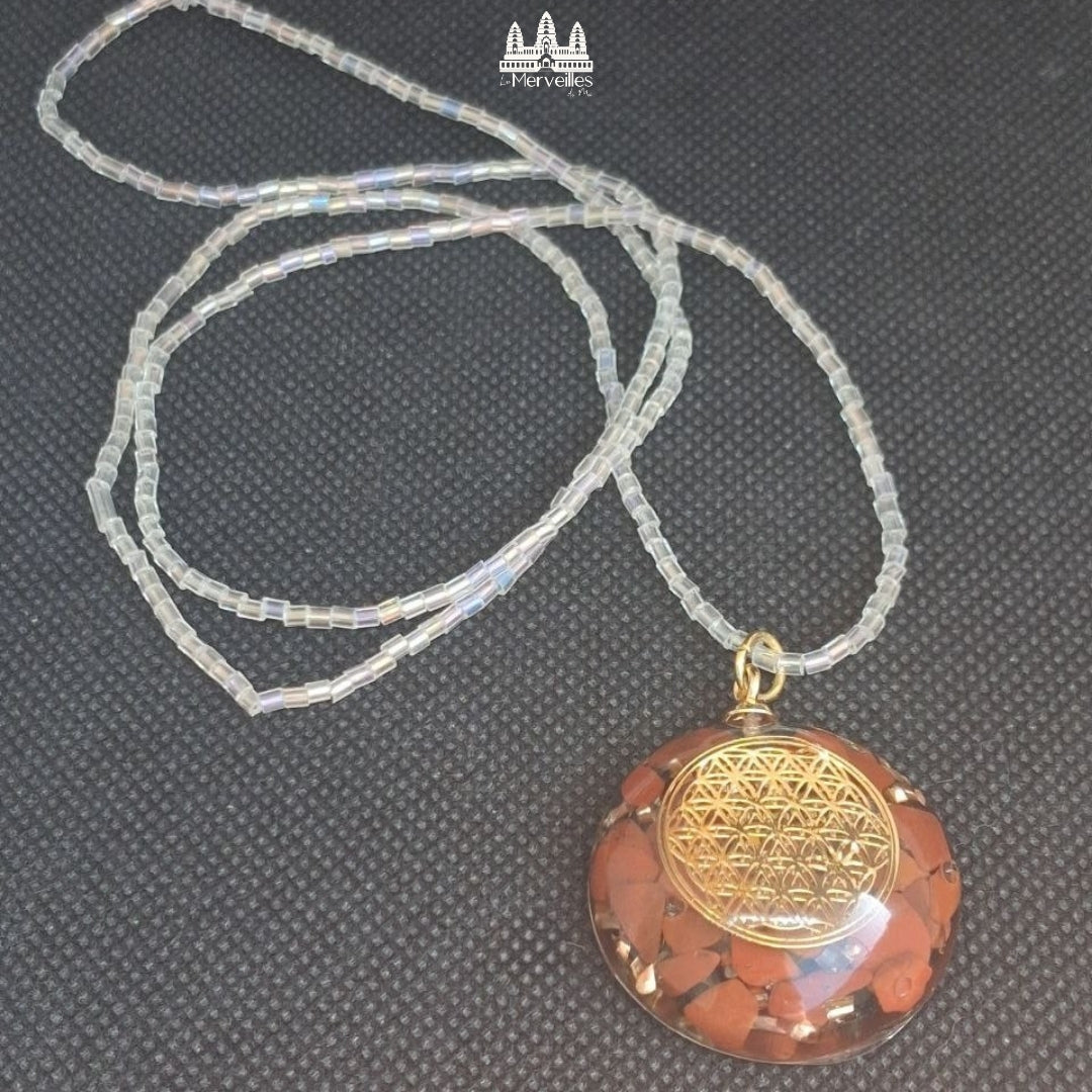 Collier pendentif orgonite Jaspe rouge & Fleur de vie