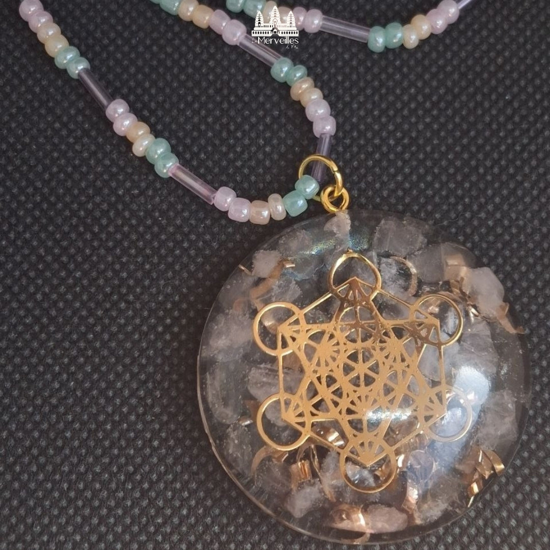 Collier pendentif Orgonite Quartz Rose symbole Metatron