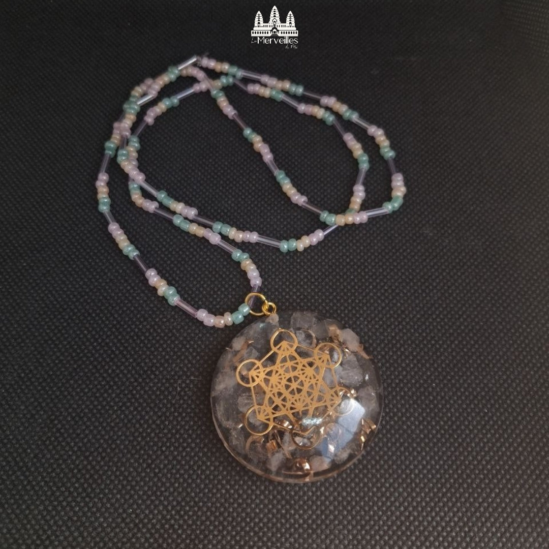 Collier pendentif Orgonite Quartz Rose symbole Metatron