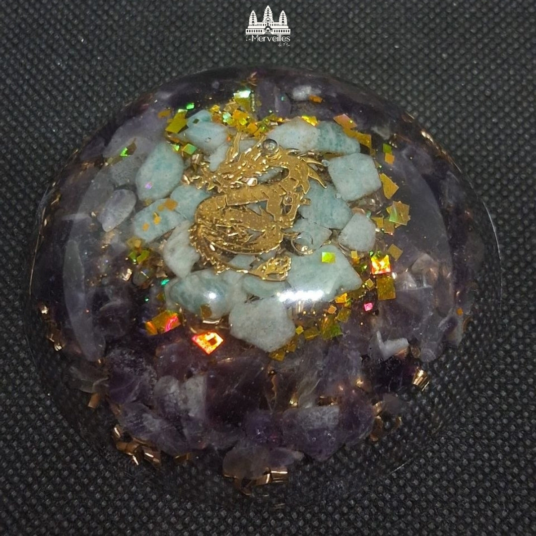 NOUVEAUTE ! Orgonite Dôme symbole Dragon, Amazonite & Améthyste