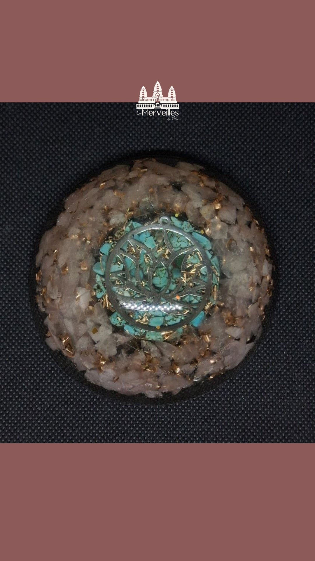 Dôme orgonite Quartz Rose & Turquoise Symbole Fleur de lotus