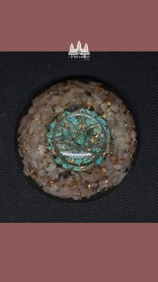 Dôme orgonite Quartz Rose & Turquoise Symbole Fleur de lotus