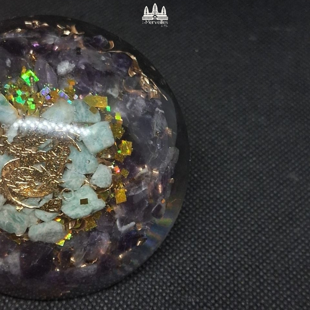 NOUVEAUTE ! Orgonite Dôme symbole Dragon, Amazonite & Améthyste