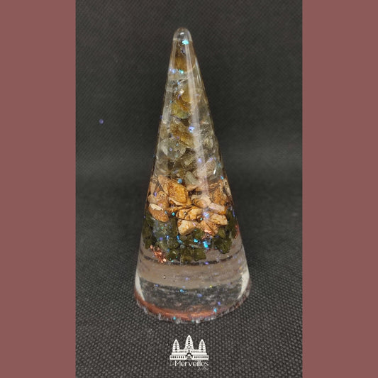 Orgonite conique – Épidote, Jaspe Paysage & Labradorite