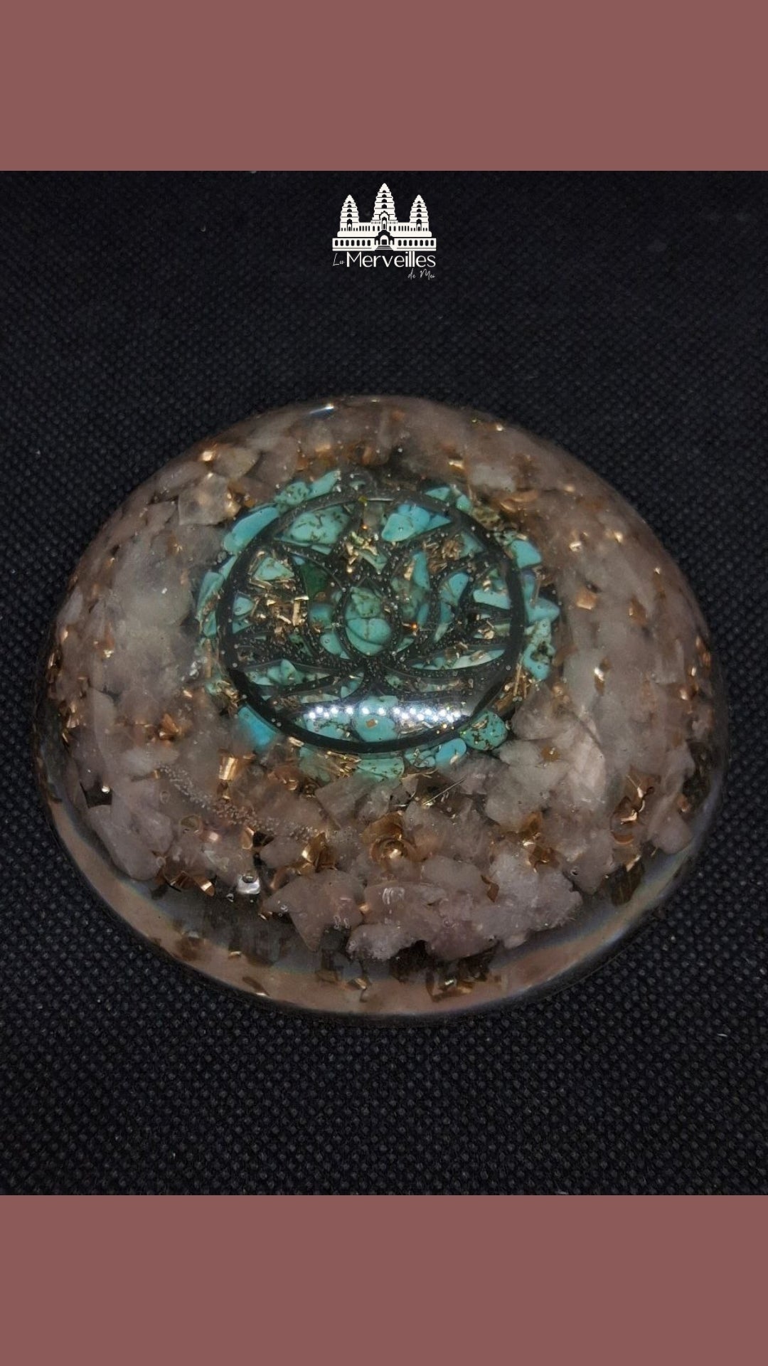 Dôme orgonite Quartz Rose & Turquoise Symbole Fleur de lotus