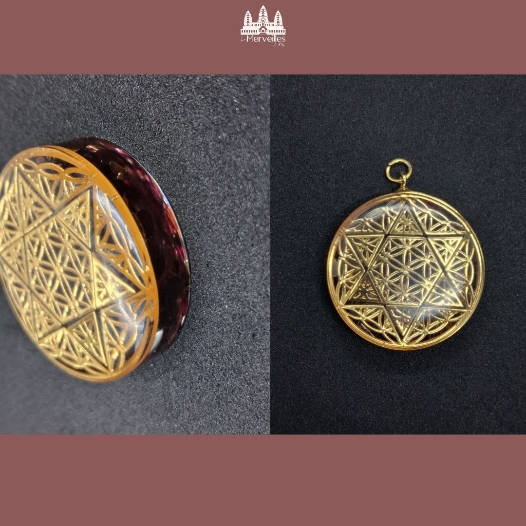 Pendentif Orgonite – Grenat & Hexagramme Harmonique